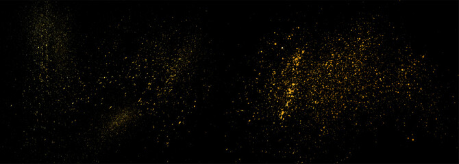 Gold glitter texture on black background. Wide vector sparkling stardust banner. Golden dust bg. Shiny abstract confetti backdrop. Magical sparkling particles background