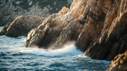 Waves crashing against rugged cliffs at a coastal location during golden hour, highlighting the...