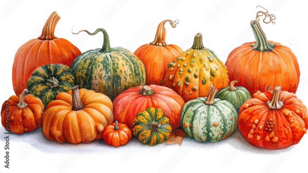 Poster a row of pumpkins of various colors and sizes