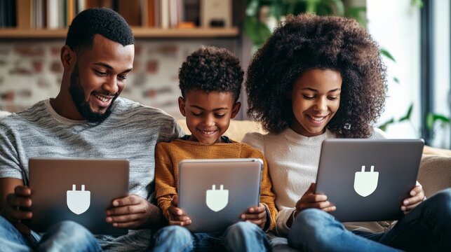 A family at home using various devices, all protected by a visible online security shield, representing safe internet practices for all ages