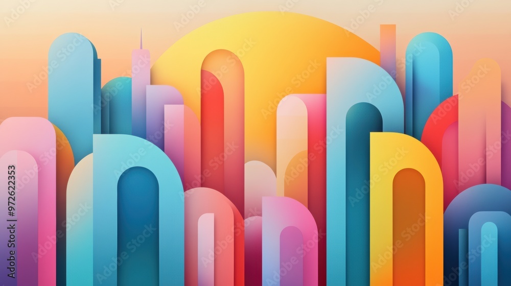 Poster A colorful abstract cityscape with a sun in the background, AI