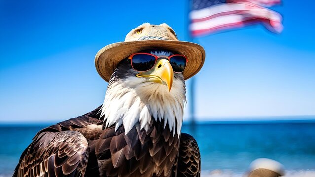 Cool American eagle in sunglasses and hat, patriotic beach scene, summer event flyer
