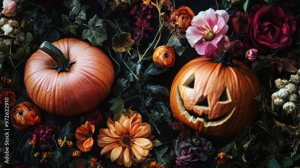 Wall mural A vibrant Halloween scene featuring two pumpkins surrounded by colorful flowers and foliage, creating festive and cheerful atmosphere