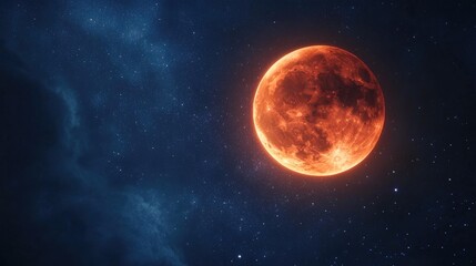A close-up of a blood moon during a lunar eclipse, glowing red in a dark sky filled with stars.