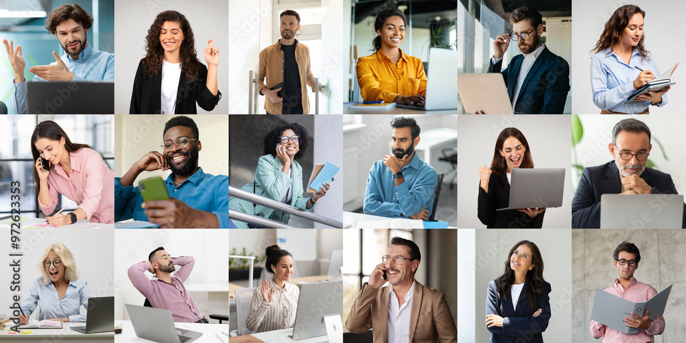 Poster a diverse group of professionals is seen engaged in various work-related activities indoors. some in
