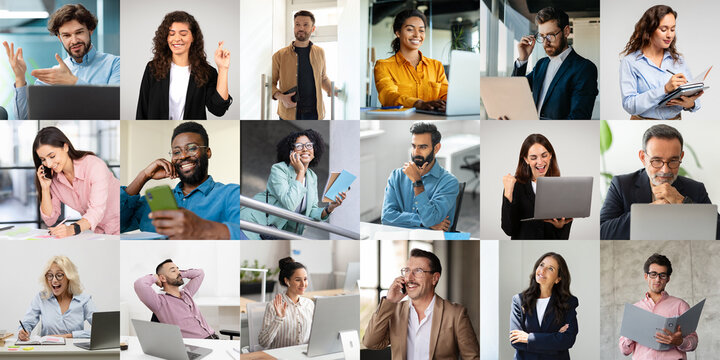 A diverse group of professionals is seen engaged in various work-related activities indoors. Some individuals are using laptops and smartphones
