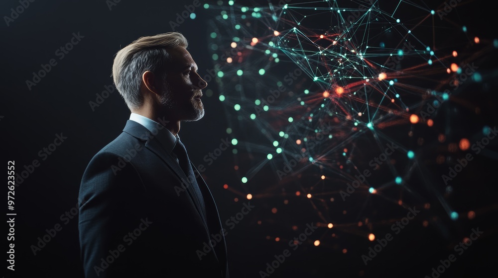 Poster Businessman in profile looking at a network of interconnected digital nodes. Futuristic concept of global connectivity.