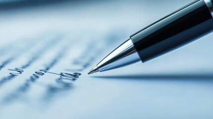 Close-up of a metallic pen poised above handwritten notes on a blurred surface in a well-lit workspace during the day