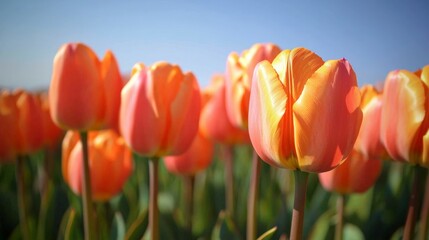 A field of orange tulips in full bloom, stretching out to the horizon under a clear blue sky