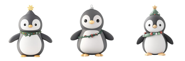 Adorable cartoon penguins adorned with festive hats and decorations, perfect for holiday-themed illustrations and designs.
