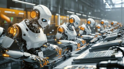 Fototapeta premium A group of robots working alongside humans in an advanced manufacturing facility.
