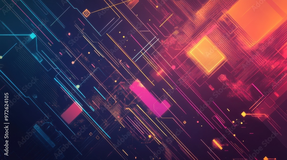 Poster vibrant abstract background with colorful lines and geometric shapes creating a dynamic digital atmo