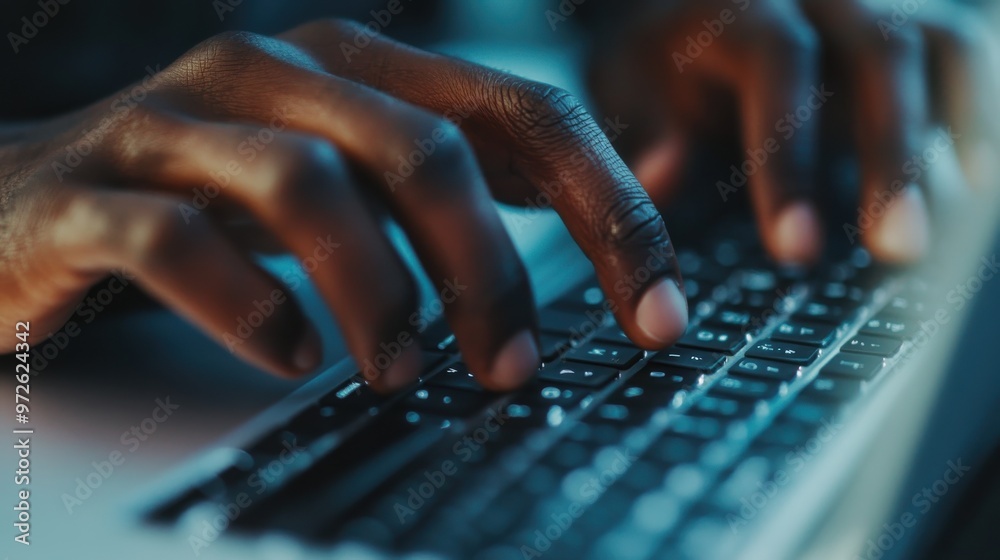 Poster a person typing on a keyboard in a dimly lit room during late night work hours