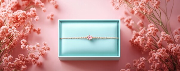 An elegant gift box adorned with a delicate bracelet, surrounded by pink flowers, perfect for special occasions.