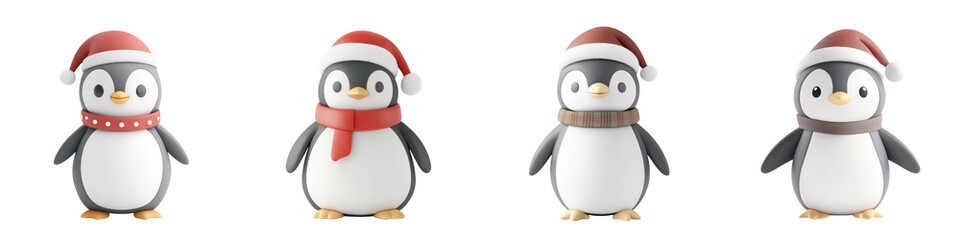 Fototapeta premium Cute cartoon penguins wearing festive hats and scarves, perfect for holiday themes and winter celebrations.