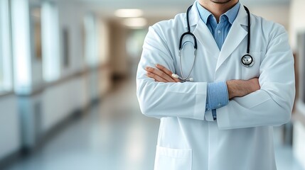 Doctor with Stethoscope Standing in a Hospital Corridor
