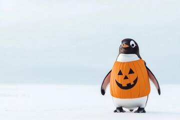 A penguin wearing a pumpkin-shaped costume, waddling through a snow-covered landscape, pumpkin penguin Halloween costume, festive arctic cuteness