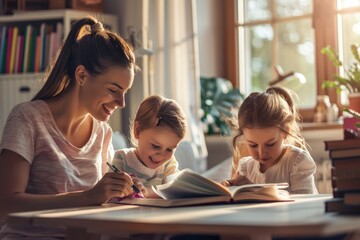 Obraz premium Mother and Daughters Enjoying Art and Drawing Together in Cozy Kitchen