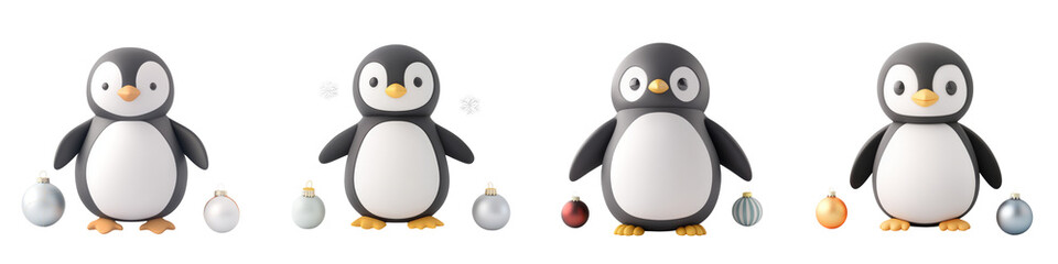 Four adorable cartoon penguins displaying different emotions and activities, perfect for children's illustrations or educational materials.