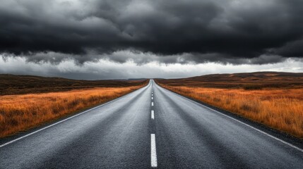 Fototapeta premium A long, empty road disappearing into the horizon under a stormy sky with dark clouds.