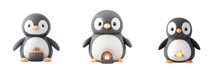 Group of cute, stylized penguins with playful expressions and fun designs, perfect for children's projects and winter themes.