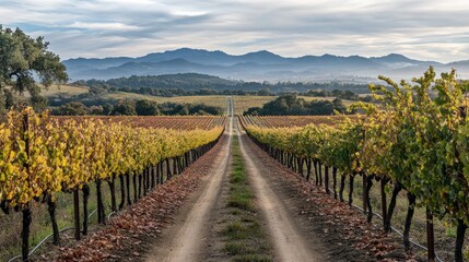 A narrow dirt road through a vineyard, with rows of grapevines stretching out toward the horizon.
