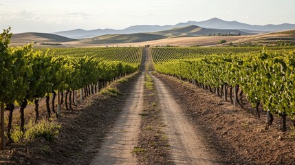 A narrow dirt road through a vineyard, with rows of grapevines stretching out toward the horizon.