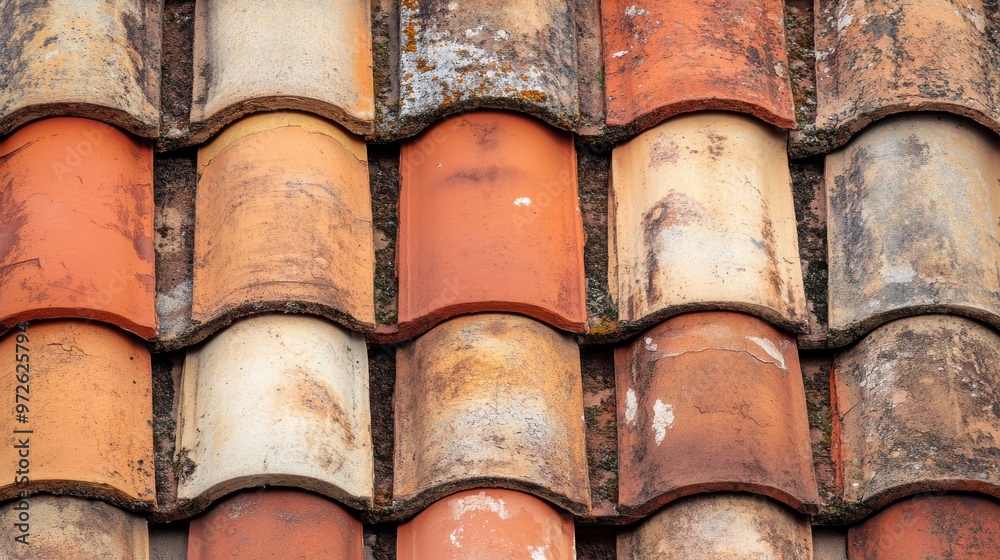 Poster Close-up view of weathered terracotta roof tiles showcasing varying colors and textures in a rustic architectural setting