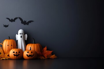 Halloween decoration with carved pumpkins, ghost, bats, and autumn leaves against a dark background. Perfect for seasonal festive displays.