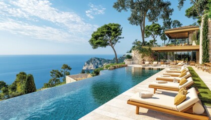 Obraz premium Luxury Infinity Pool with Sea Views Villa Terrace, Sunbeds, and Stunning Ocean Panorama