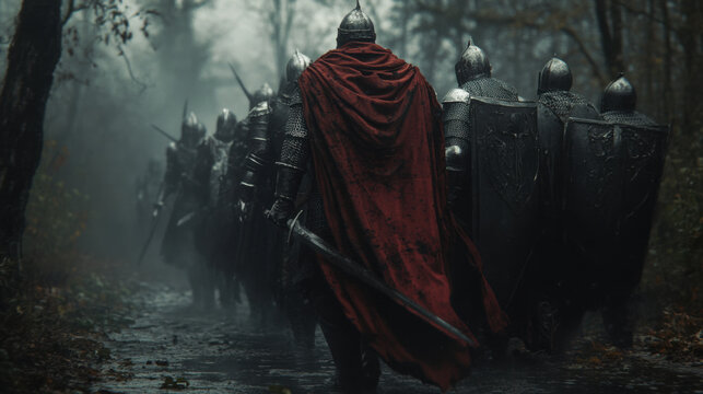 Mysterious medieval knights in armor march through foggy forest, their red cloaks billowing behind them. atmosphere is tense and dramatic, evoking sense of adventure and history