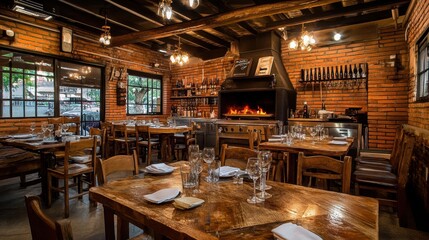 Cozy rustic dining area featuring wooden tables and open fireplace in a charming restaurant setting