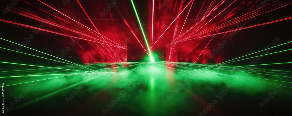 Poster Dynamic laser beams in red and green create a striking visual effect over a hazy background, perfect for events and parties.