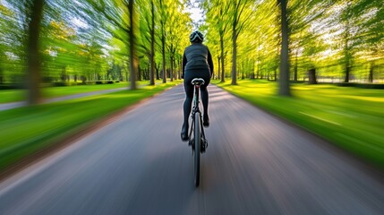 Fototapeta premium A person riding a bike down the middle of a road, AI