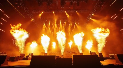 Massive Flame Effects and Intense Lighting on a Dramatic Stage, Highlighting a Live Concert's Energy