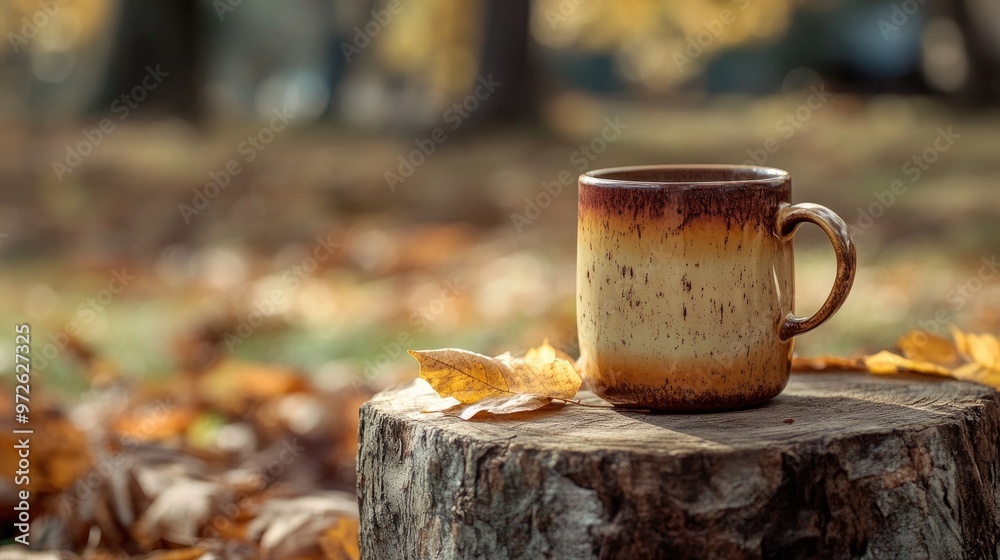 Wall mural a rustic coffee cup resting on a wooden stump outdoors, with fall leaves scattered around.