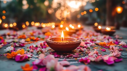 Diwali with lit diya, candle, surrounded by vibrant flowers and petals, symbolizing triumph of light over darkness