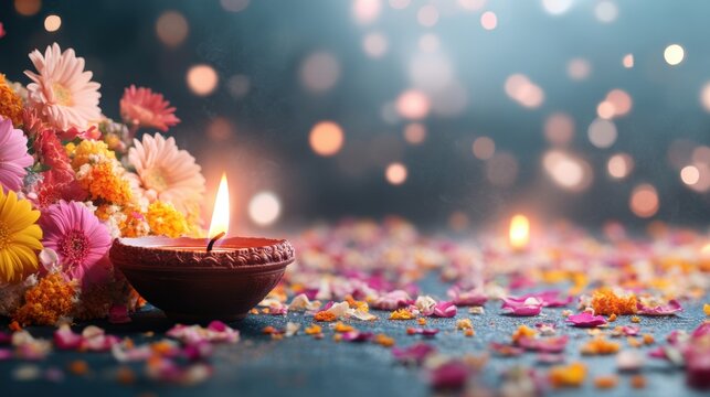 Diwali with a lit diya candle, surrounded by vibrant flowers and petals, symbolizing the triumph of light over darkness. Greeting card design template