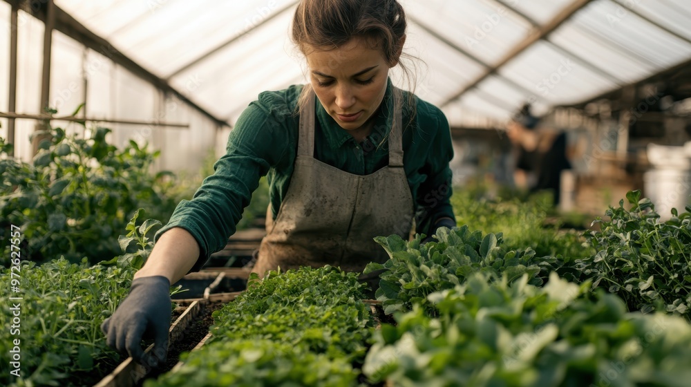 Wall mural farmers growing organic herbs in greenhouses, focusing on eco-friendly production/