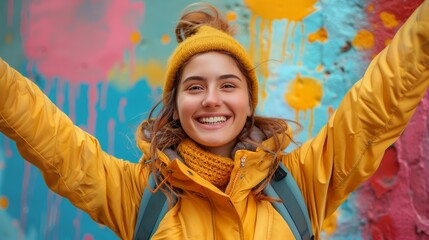 Happy young woman in a yellow jacket and hat smiling  with arms raised in front of a colorful...