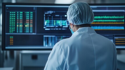 Scientist in a futuristic biotech lab analyzing bioinformatics data on a holographic display