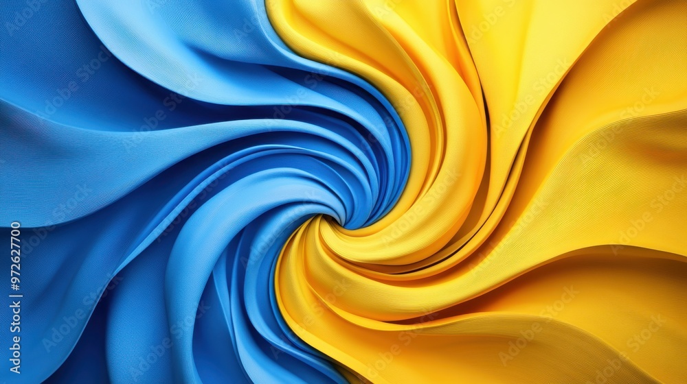 Poster a vibrant swirl of blue and yellow fabric showcasing fluid motion and dynamic colors, perfect for cr