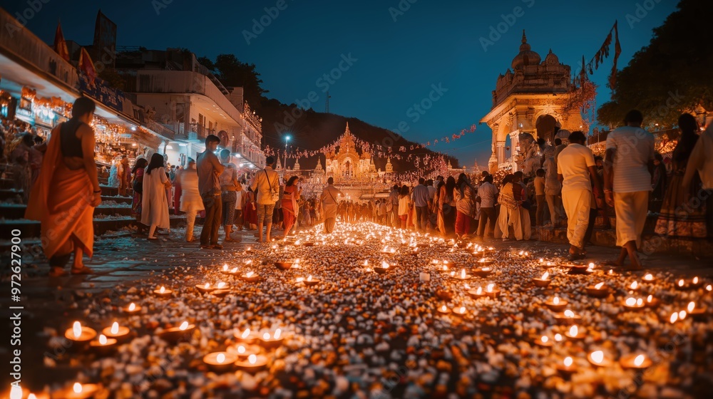 Wall mural photo of people celebrating diwali festival in india, walking around temple decorated with lights an