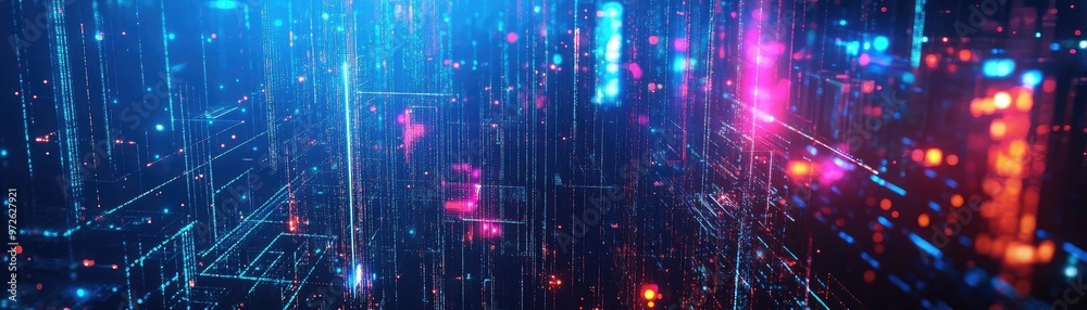 Poster a vibrant representation of digital data with blue and pink lights, showcasing abstract technology a