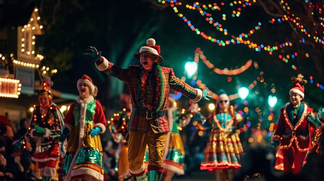 costumed performers waving during a nighttime parade with illuminated costumes and floats. The street is crowded with spectators enjoying the action