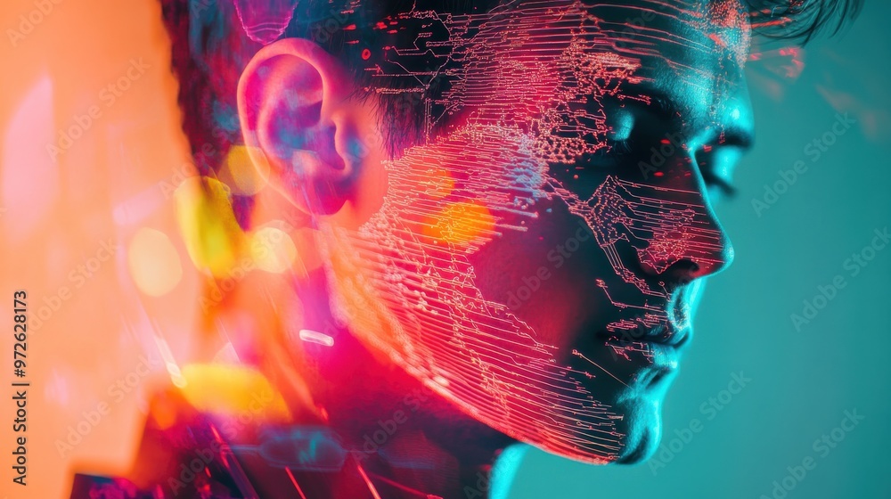 Poster a close-up of a person's profile illuminated with colorful digital effects against a bright backgrou