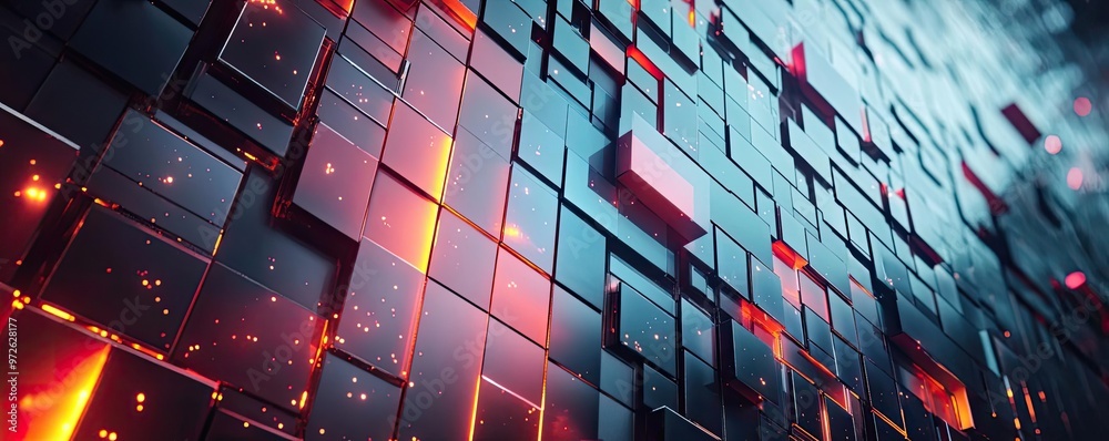 Poster Dynamic illustration of interlocking cubes with glowing accents, creating a 3D visual effect in a futuristic digital environment.