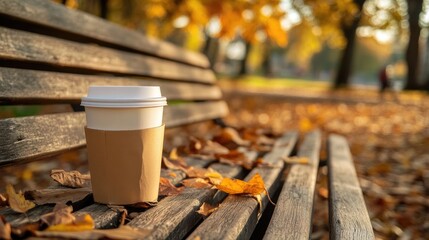 A takeaway coffee cup placed on a wooden bench in a park, with fallen leaves scattered around.