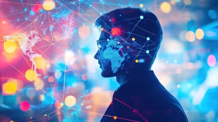 A thoughtful individual gazes into a vibrant digital landscape showcasing global connections and technology advancements