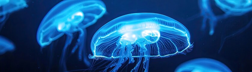 Obraz premium A mesmerizing underwater scene featuring glowing jellyfish gracefully swimming through the deep blue ocean.